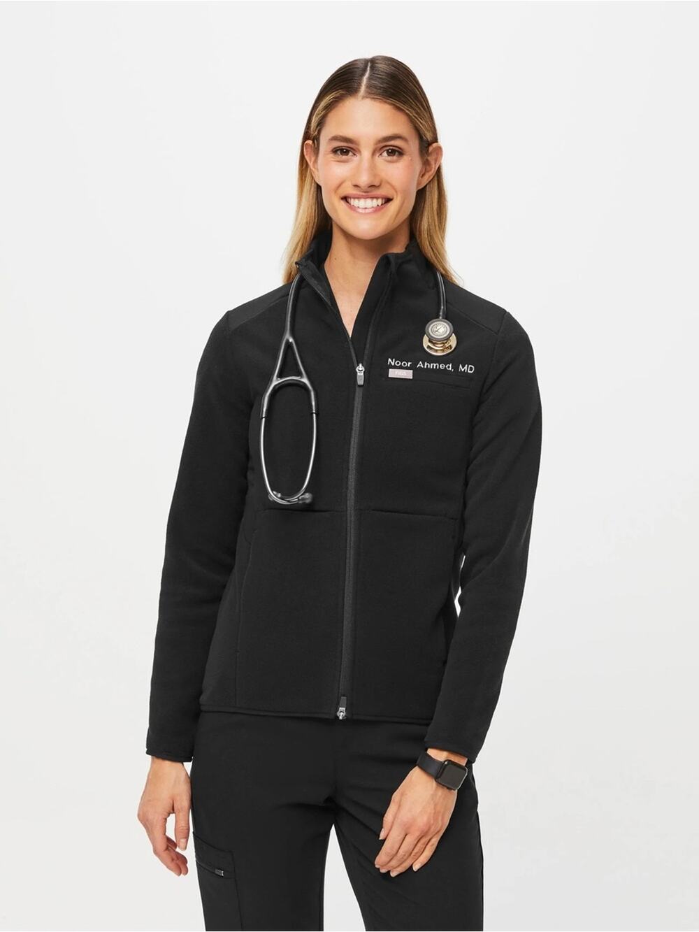 FIGS On-Shift Fleece Jacket Women’s Black Full Zip Medical Scrubs Size Large